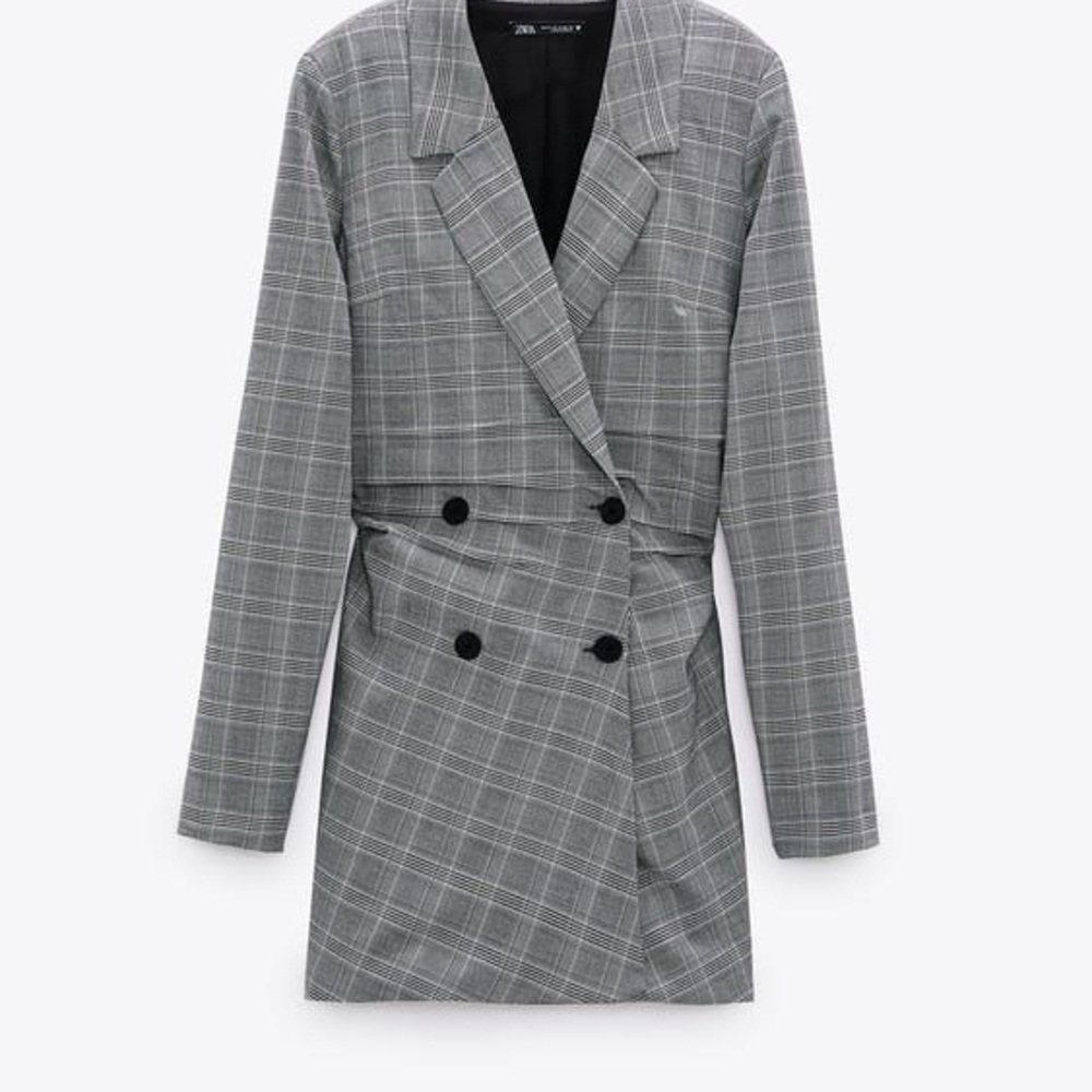 Zara Women's Gray Plaid Double-Breasted Coat